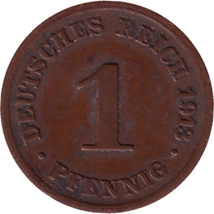 Монета 1 пфенниг. 1913 год (D), Германская империя.