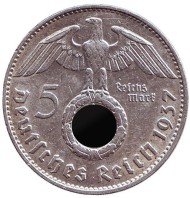 Монета 5 рейхсмарок. 1937 год, Германия (Третий Рейх). (J). Монета 5 рейхсмарок. 1937 год, Германия (Третий Рейх). (J).