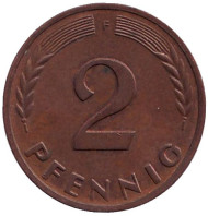 Монета 2 пфеннига. 1967 год (F), ФРГ. Дубовые листья. Монета 2 пфеннига. 1967 год (F), ФРГ. Дубовые листья.