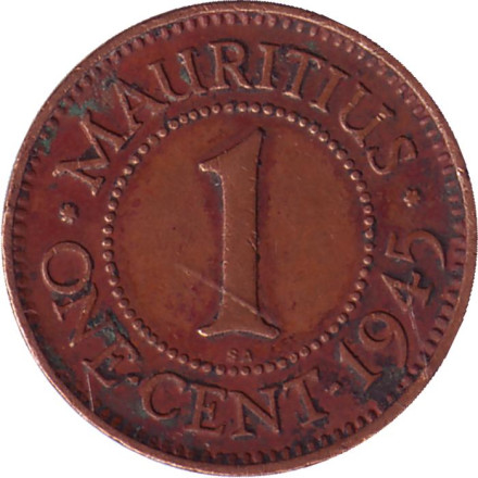 Монета 1 цент. 1945 год, Маврикий.