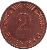 Монета 2 пфеннига. 1988 год (J), ФРГ. Дубовые листья. Монета 2 пфеннига. 1988 год (J), ФРГ. Дубовые листья.