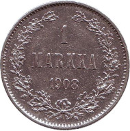 Монета 1 марка. 1908 год, Великое княжество Финляндское. Редкая! Монета 1 марка. 1908 год, Великое княжество Финляндское. Редкая!