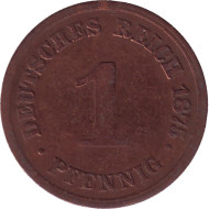 Монета 1 пфенниг. 1875 год (А), Германская империя. Монета 1 пфенниг. 1875 год (А), Германская империя.