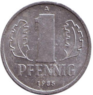 Монета 1 пфенниг. 1985 год, ГДР. Монета 1 пфенниг. 1985 год, ГДР.