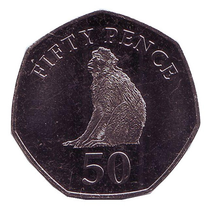 Монета 50 пенсов. 2016 год, Гибралтар. UNC. Берберская обезьяна. (Магот).