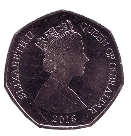 Монета 50 пенсов. 2016 год, Гибралтар. Берберская обезьяна. (Магот). Монета 50 пенсов. 2016 год, Гибралтар. Берберская обезьяна. (Магот).