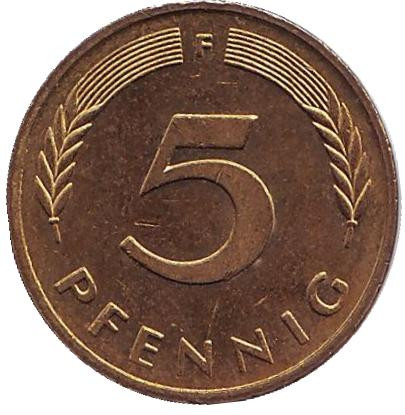 Монета 5 пфеннигов. 1985 год (F), ФРГ. Дубовые листья.