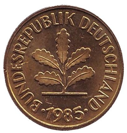 Монета 5 пфеннигов. 1985 год (F), ФРГ. Дубовые листья. Монета 5 пфеннигов. 1985 год (F), ФРГ. Дубовые листья.