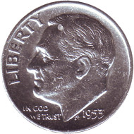 Монета 10 центов. 1953 год, США. Монетный двор D. Рузвельт. Монета 10 центов. 1953 год, США. Монетный двор D. Рузвельт.