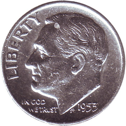 Монета 10 центов. 1953 год, США. Монетный двор D. Рузвельт.