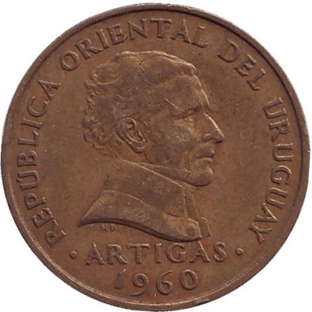 Монета 10 сентесимо. 1960 год, Уругвай.