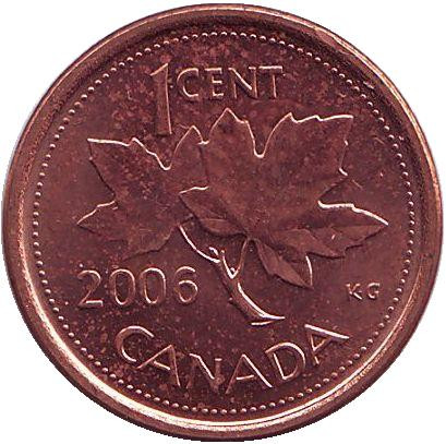 Монета 1 цент, 2006 год, Канада. (Магнитная. Отметка: "Кленовый лист")