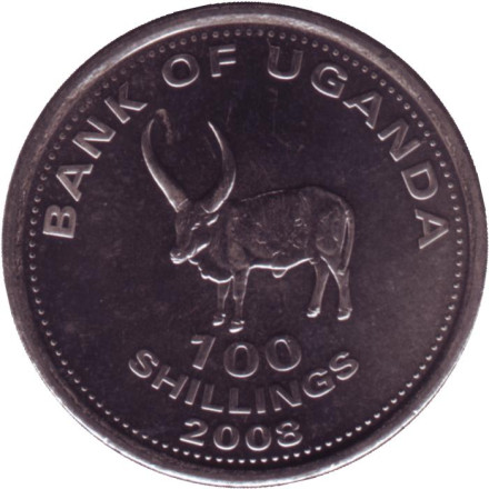 Монета 100 шиллингов. 2008 год, Уганда. (магнитные). UNC. Африканский бык.