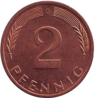 Монета 2 пфеннига. 1976 год (G), ФРГ. Дубовые листья. Монета 2 пфеннига. 1976 год (G), ФРГ. Дубовые листья.