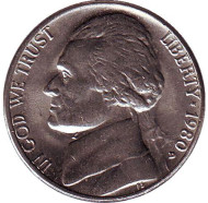 Монета 5 центов. 1980 год (D), США. Джефферсон. Монтичелло. Монета 5 центов. 1980 год (D), США. Джефферсон. Монтичелло.