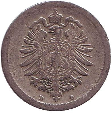 Монета 5 пфеннигов. 1876 год (D), Германская империя. Монета 5 пфеннигов. 1876 год (D), Германская империя.