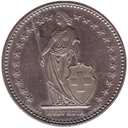 Монета 2 франка. 1993 (B) год, Швейцария. Гельвеция.