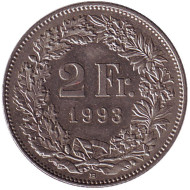 Монета 2 франка. 1993 (B) год, Швейцария. Гельвеция. Монета 2 франка. 1993 (B) год, Швейцария. Гельвеция.