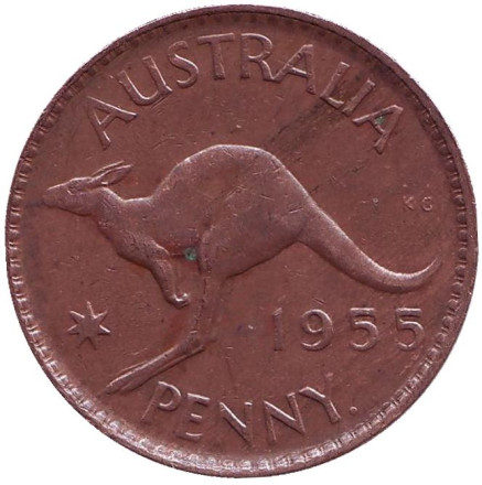 Монета 1 пенни. 1955 год, Австралия. (Точка после "PENNY") Кенгуру.