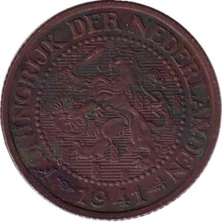 Монета 2,5 цента. 1941 год, Нидерланды. (Бронза)