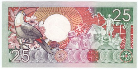 Банкнота 25 гульденов. 1988 год, Суринам. Дата - 09.01.1988