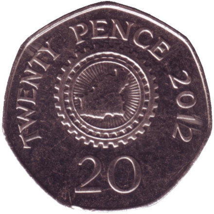 Монета 20 пенсов. 2012 год, Гернси. UNC. Карта острова Гернси.