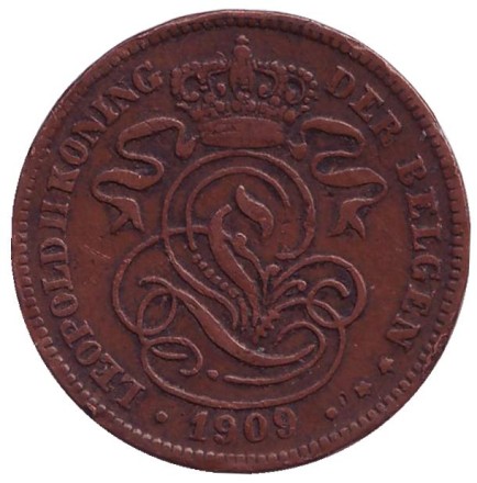 Монета 2 сантима. 1909 год, Бельгия. (Der Belgen) Монета 2 сантима. 1909 год, Бельгия. (Der Belgen)