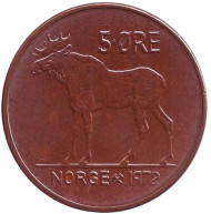 Монета 5 эре. 1972 год, Норвегия. UNC. Лось. Монета 5 эре. 1972 год, Норвегия. UNC. Лось.