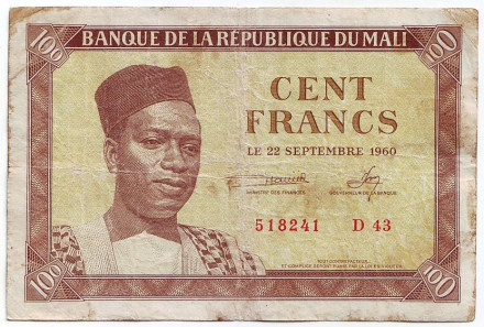 Банкнота 100 франков. 1960 год, Мали. Состояние - F-VF.