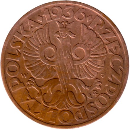 Монета 5 грошей. 1936 год, Польша. Монета 5 грошей. 1936 год, Польша.