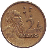 Монета 2 доллара. 1990 год, Австралия. Старейшина аборигенов. Монета 2 доллара. 1990 год, Австралия. Старейшина аборигенов.