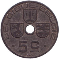 Монета 5 сантимов. 1943 год, Бельгия. Монета 5 сантимов. 1943 год, Бельгия.