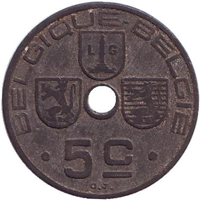 Монета 5 сантимов. 1943 год, Бельгия.