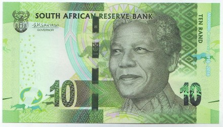 Банкнота 10 рандов. 2018 год, ЮАР. 100 лет со дня рождения Нельсона Манделы. Банкнота 10 рандов. 2018 год, ЮАР. 100 лет со дня рождения Нельсона Манделы.