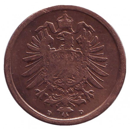 Монета 2 пфеннига. 1875 год (D), Германская империя. Монета 2 пфеннига. 1875 год (D), Германская империя.