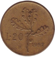Монета 20 лир. 1957 год, Италия. ("Пушистый" хвостик у "7") Дубовая ветвь. Монета 20 лир. 1957 год, Италия. ("Пушистый" хвостик у "7") Дубовая ветвь.