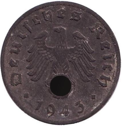 Монета 1 рейхспфенниг. 1943 год, Германия (Третий Рейх). (D).