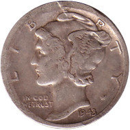 Монета 10 центов. 1943 год, США. Монетный двор D. Меркурий. Монета 10 центов. 1943 год, США. Монетный двор D. Меркурий.