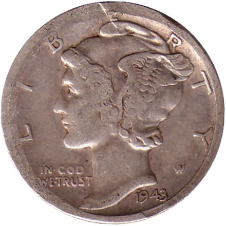 Монета 10 центов. 1943 год, США. Монетный двор D. Меркурий.
