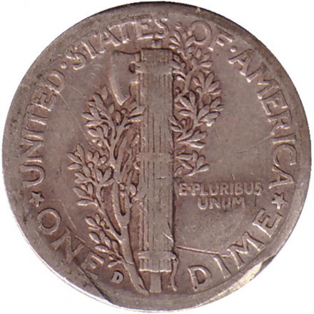 Монета 10 центов. 1943 год, США. Монетный двор D. Меркурий.