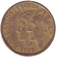 Монета 500 песет. 1989 год, Испания. Хуан Карлос I и София. Монета 500 песет. 1989 год, Испания. Хуан Карлос I и София.