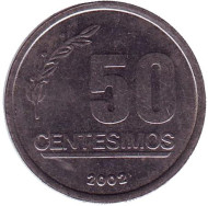 Монета 50 сентесимо. 2002 год, Уругвай. Монета 50 сентесимо. 2002 год, Уругвай.