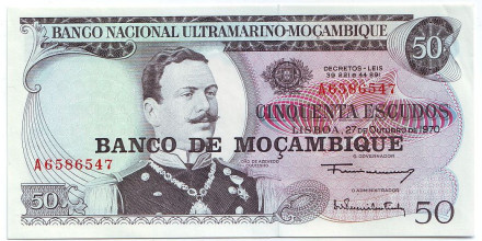 Банкнота 50 эскудо. 1970 (1976) год, Мозамбик. Жоао Антонио де Азеведо Коутиньо.