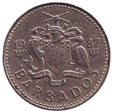 Монета 10 центов. 1987 год, Барбадос. Чайка. Монета 10 центов. 1987 год, Барбадос. Чайка.