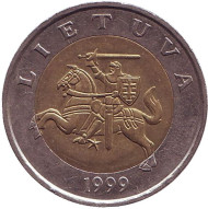 Монета 5 литов, 1999 год, Литва. Из обращения. Рыцарь. Монета 5 литов, 1999 год, Литва. Из обращения. Рыцарь.