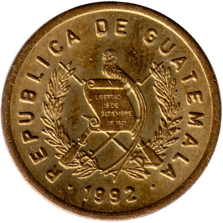 Монета 1 сентаво. 1992 год, Гватемала. Бартоломе де лас Касас.