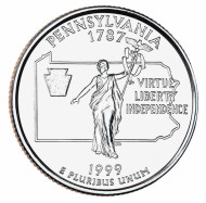 Монета 25 центов (D). 1999 год, США. Пенсильвания. Штат № 2. Монета 25 центов (D). 1999 год, США. Пенсильвания. Штат № 2.