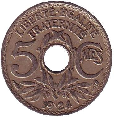 Монета 5 сантимов. 1924 год, Франция. (рог изобилия)
