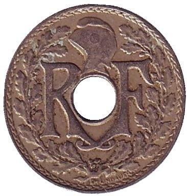 Монета 5 сантимов. 1924 год, Франция. (рог изобилия)