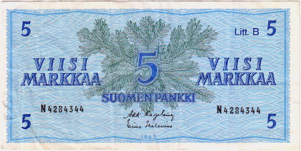 Банкнота 5 марок, 1963 год, Финляндия. P-106Aa(3).